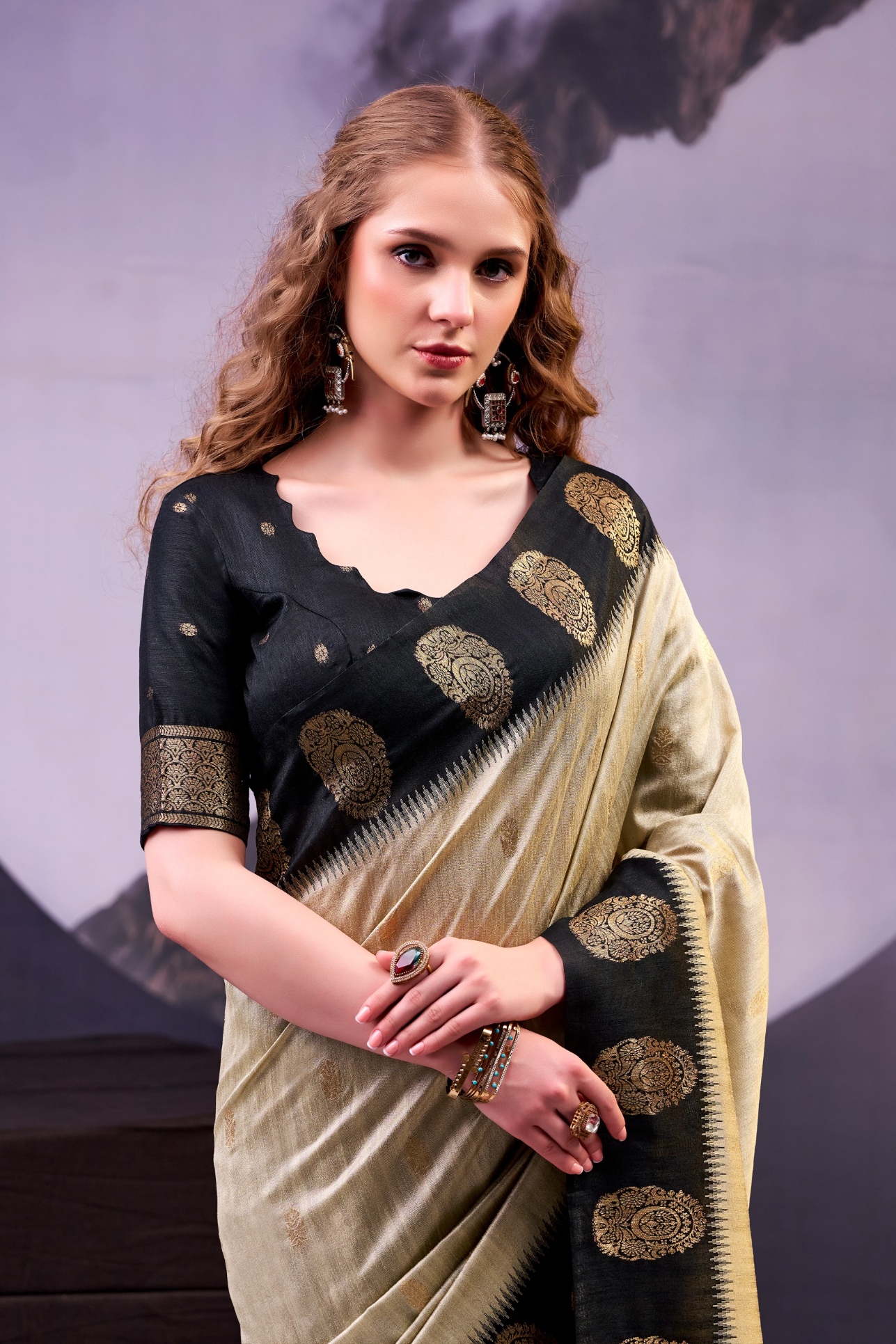 Cream Black Zari Poly Cotton Saree — alternate view