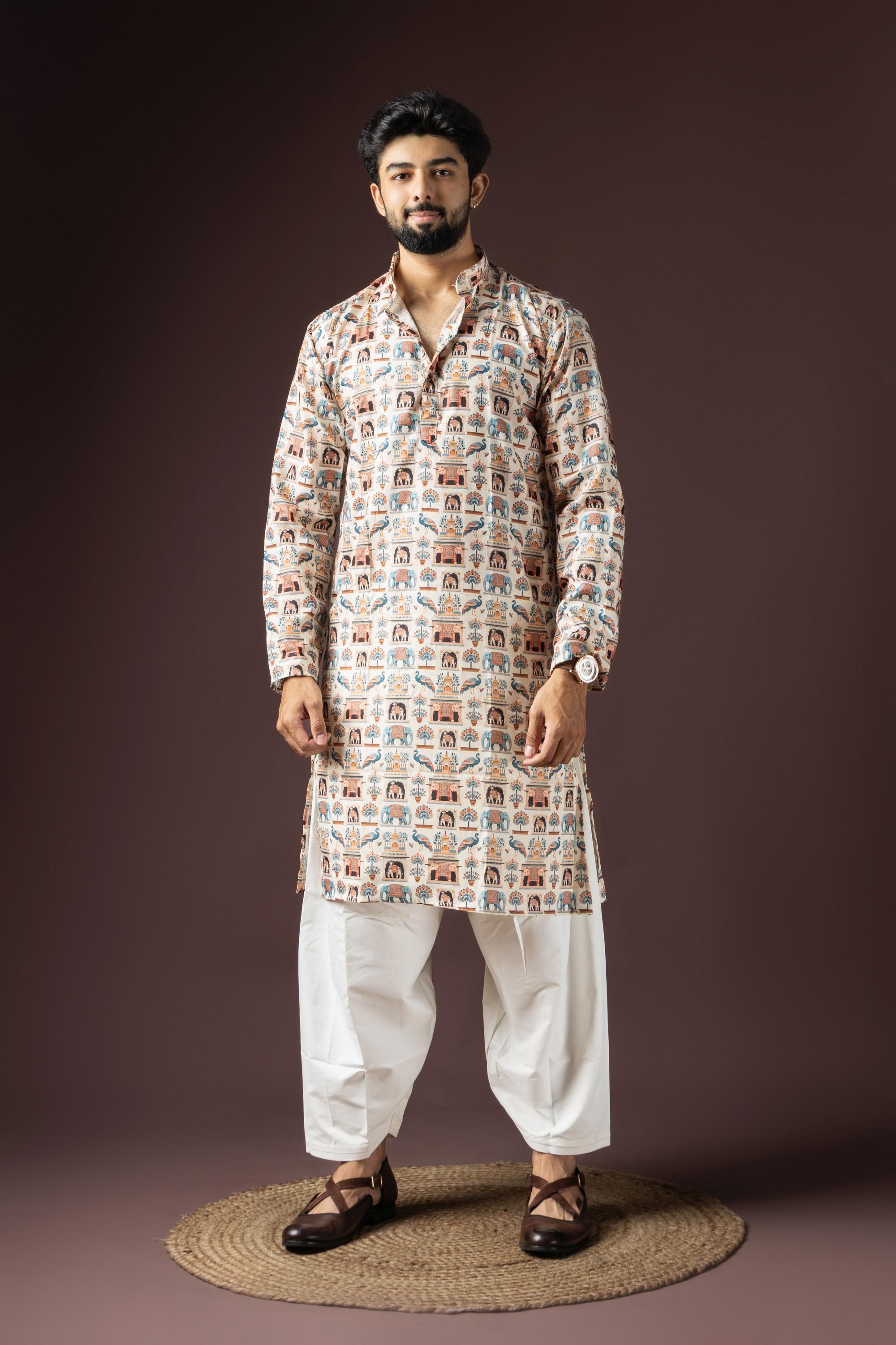 Cream Blended Cotton Kurta Pyjama