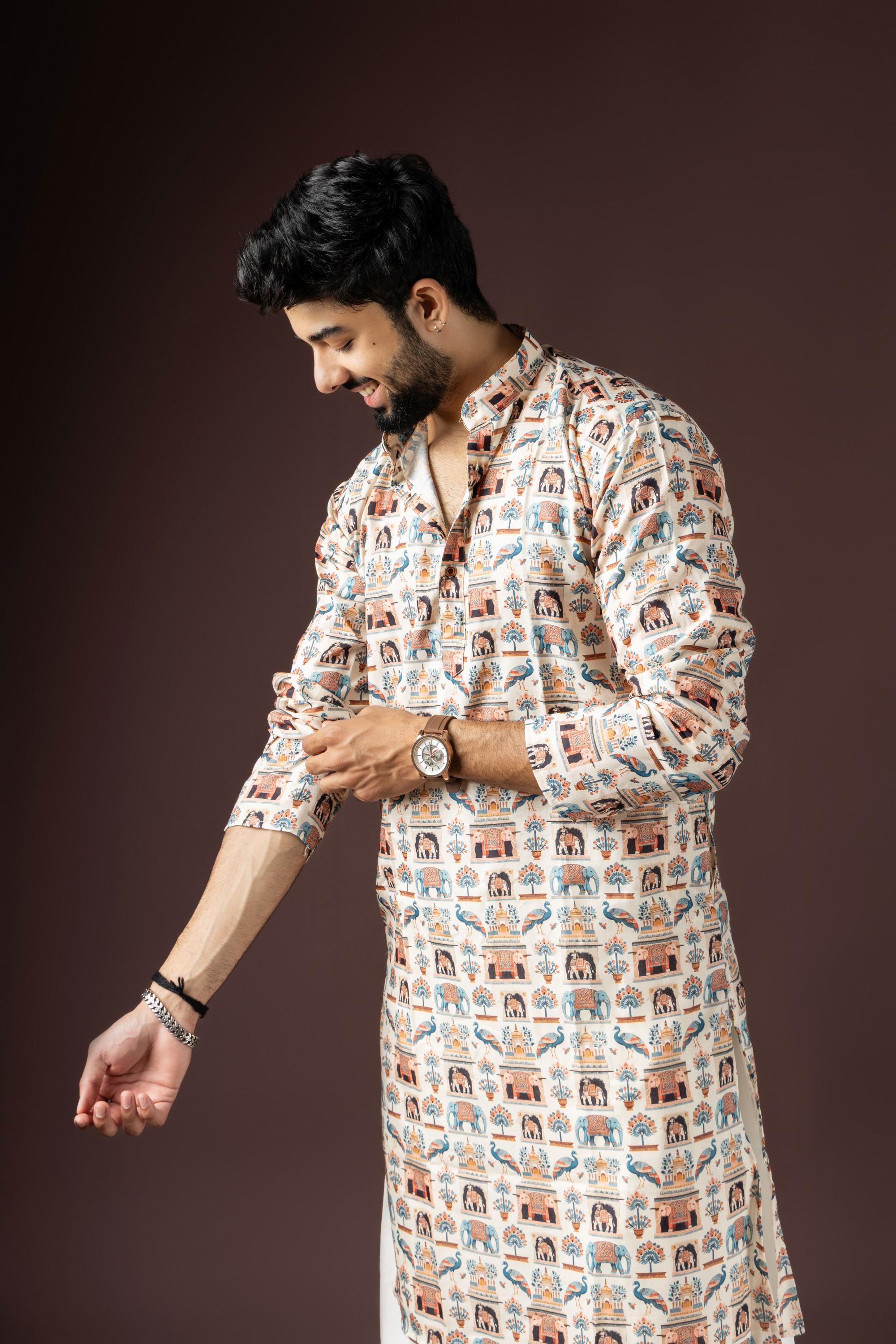 Cream Blended Cotton Kurta Pyjama