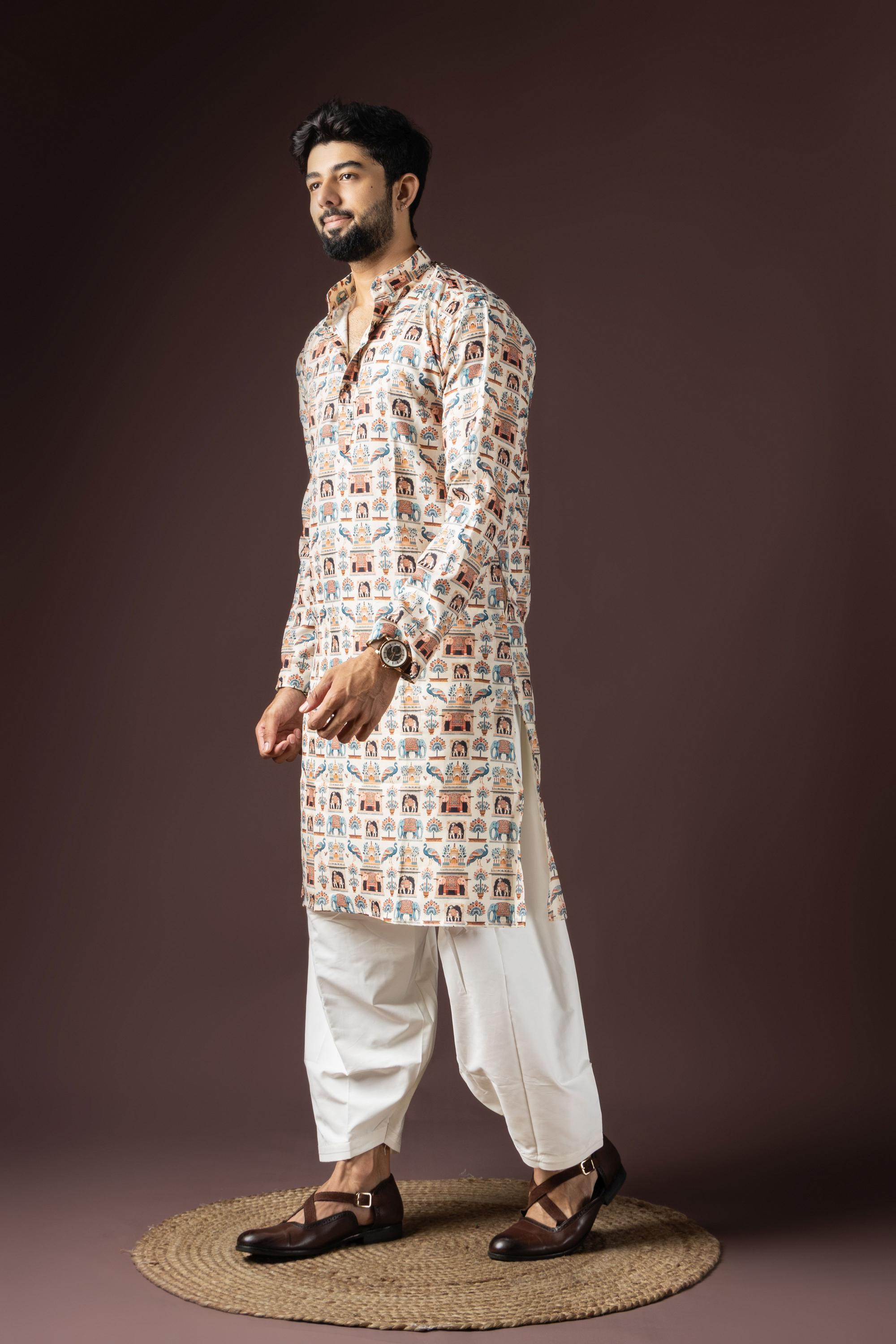 Cream Blended Cotton Kurta Pyjama