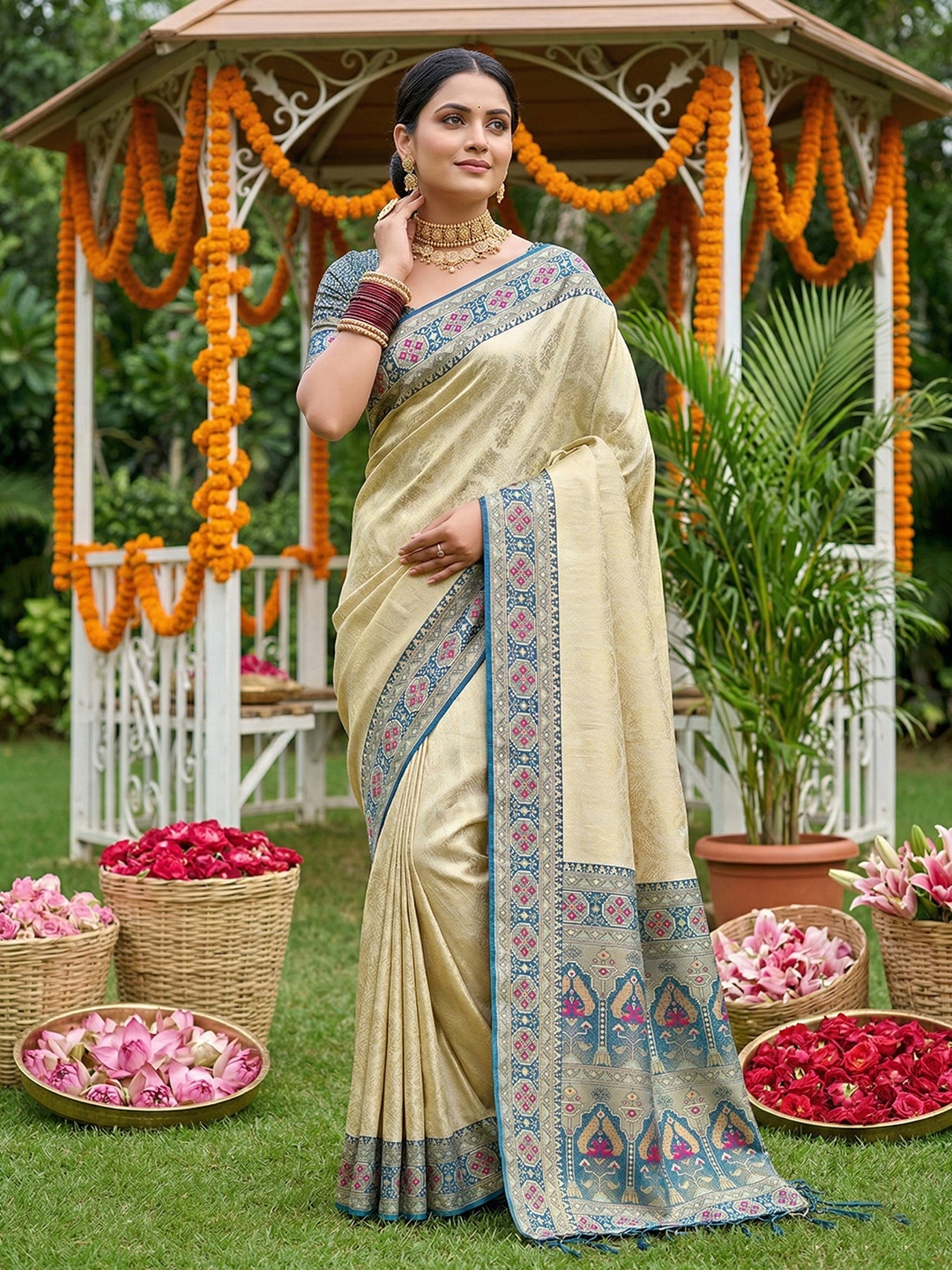 Cream Blue Woven Soft Silk Saree