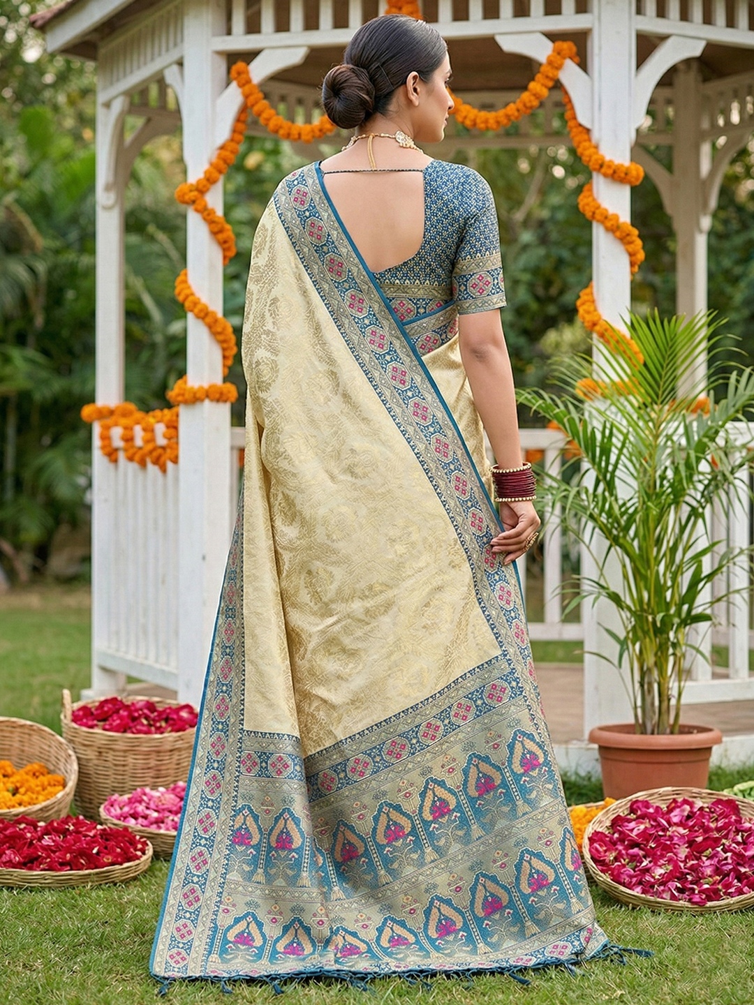 Cream Blue Woven Soft Silk Saree — alternate view