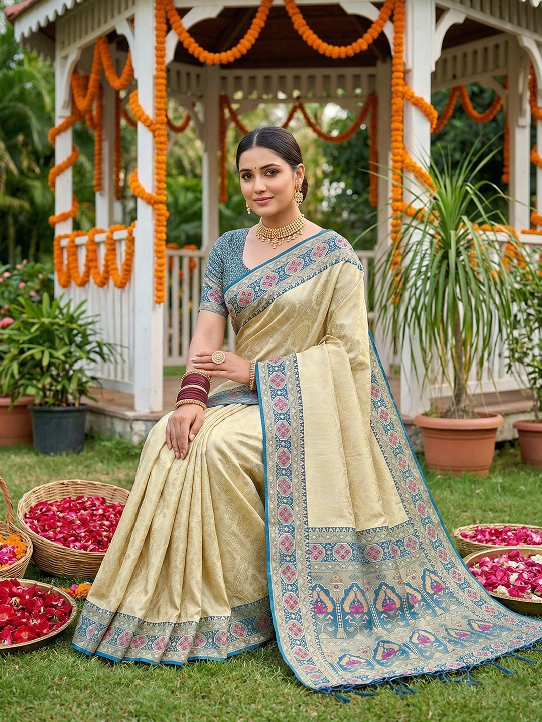 Cream Blue Woven Soft Silk Saree