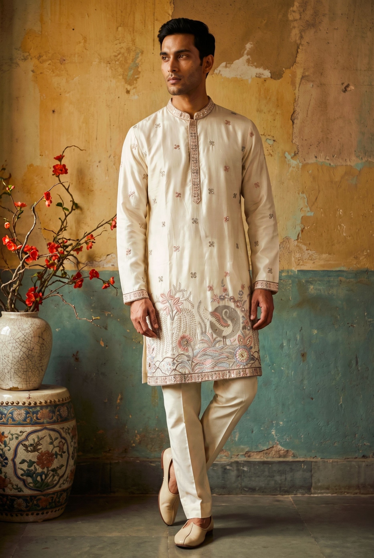 Cream Botanical Embroidered Silk Kurta Pyjama
