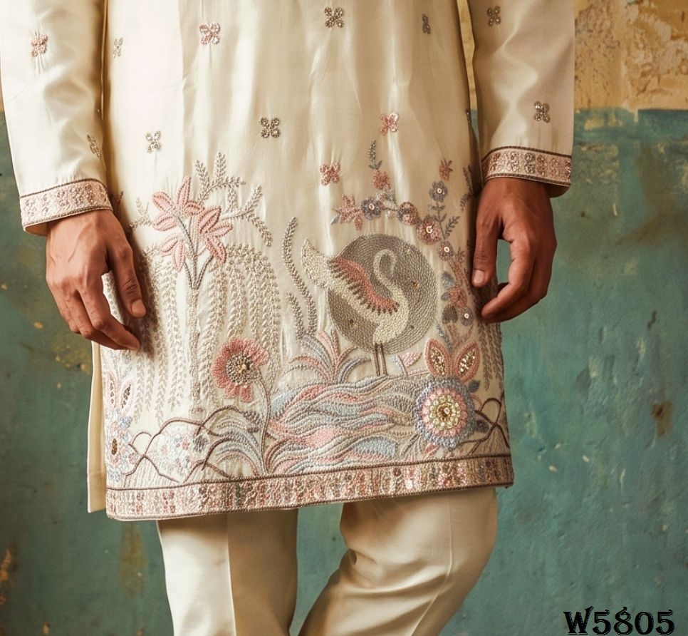 Cream Botanical Embroidered Silk Kurta Pyjama — alternate view