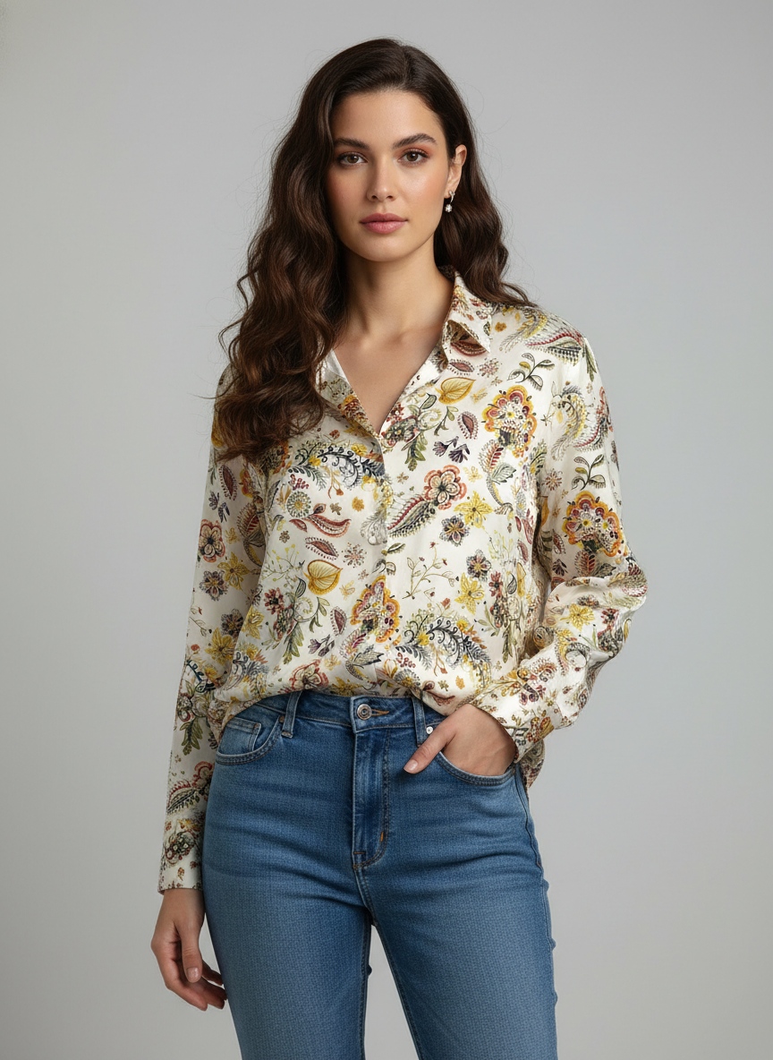 Cream Botanical Printed Super Satin Shirt