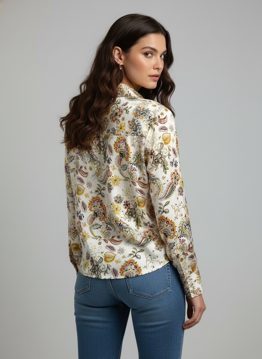 Cream Botanical Printed Super Satin Shirt — alternate view