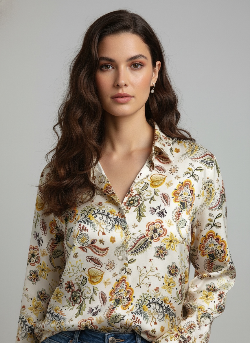 Cream Botanical Printed Super Satin Shirt