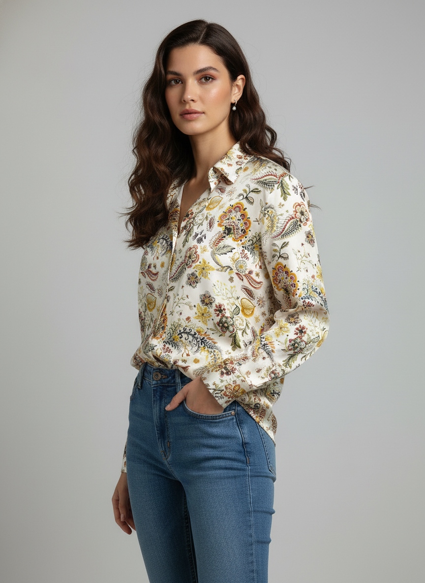 Cream Botanical Printed Super Satin Shirt