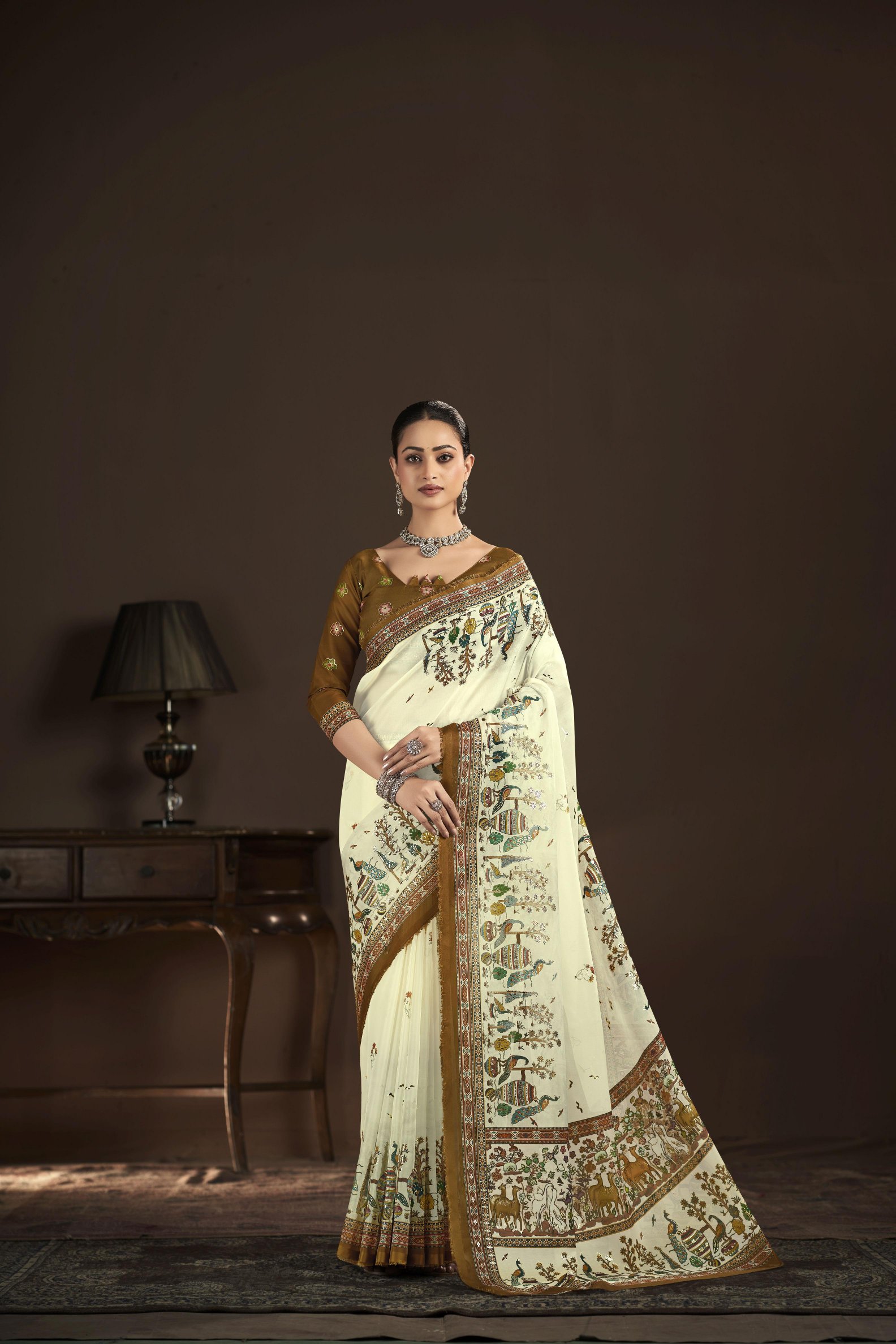 Cream Brown Crepe Silk Foil Printed Saree