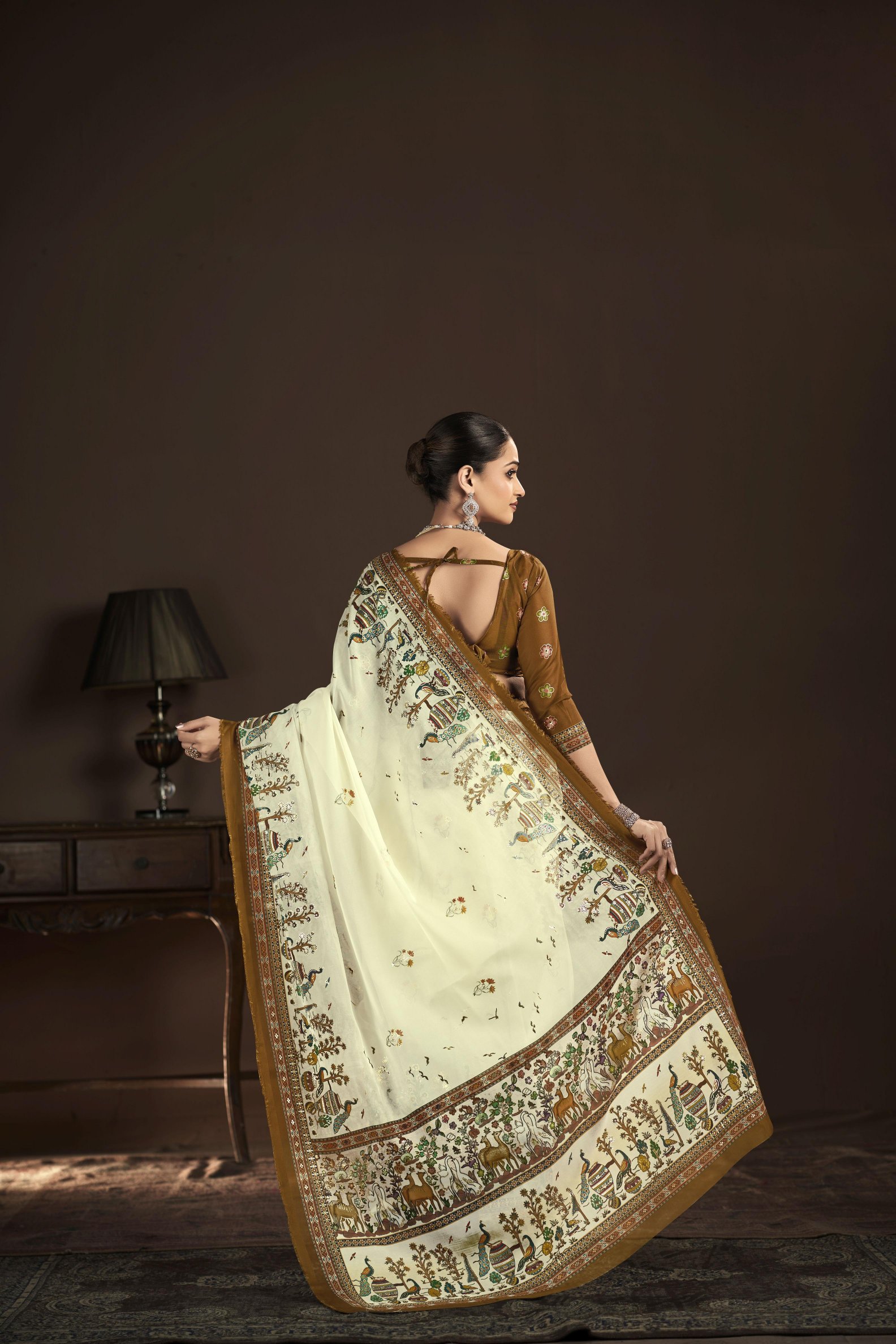 Cream Brown Crepe Silk Foil Printed Saree — alternate view