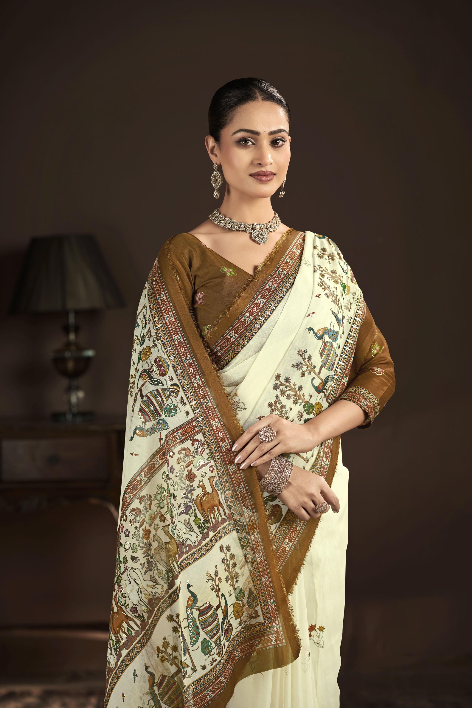 Cream Brown Crepe Silk Foil Printed Saree