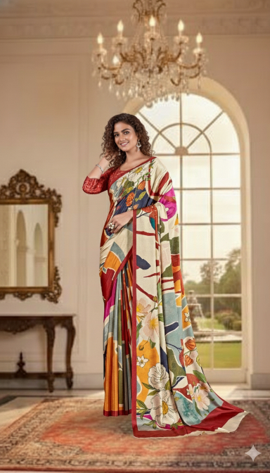 Cream-Brown Digital Printed Crepe Silk Saree