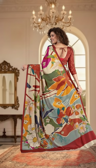 Cream-Brown Digital Printed Crepe Silk Saree — alternate view