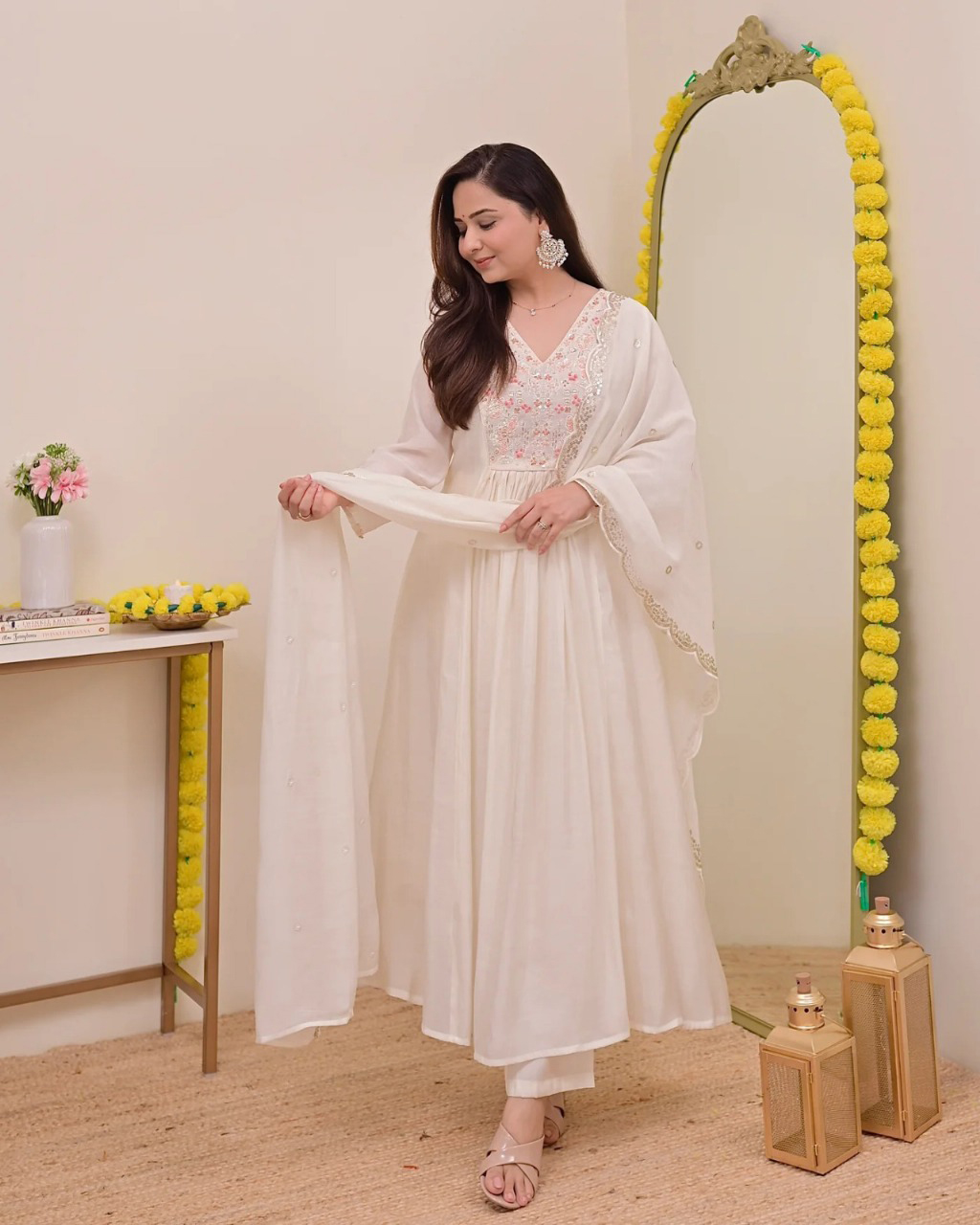 Cream Chanderi Silk Embroidered Salwar
