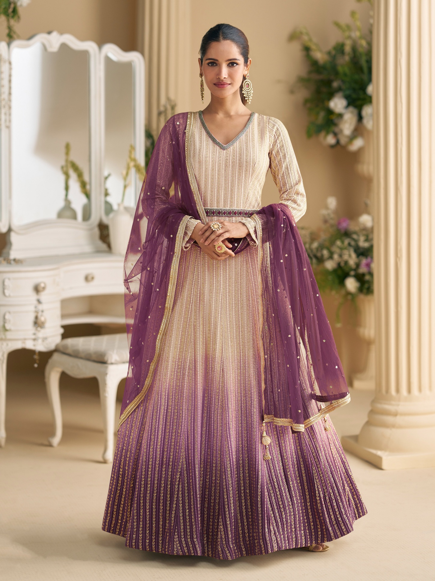 Cream Chikankari Heavy Designer Embroidery Georgette Gown