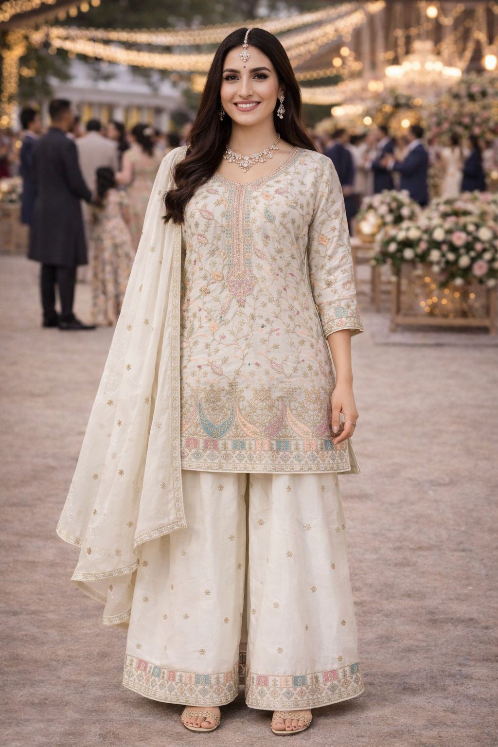 Cream Chinon Embroidered Palazzo Suit