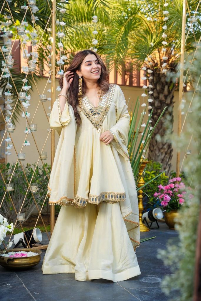 Cream Chinon Mirror Embroidered Readymade Suit Set