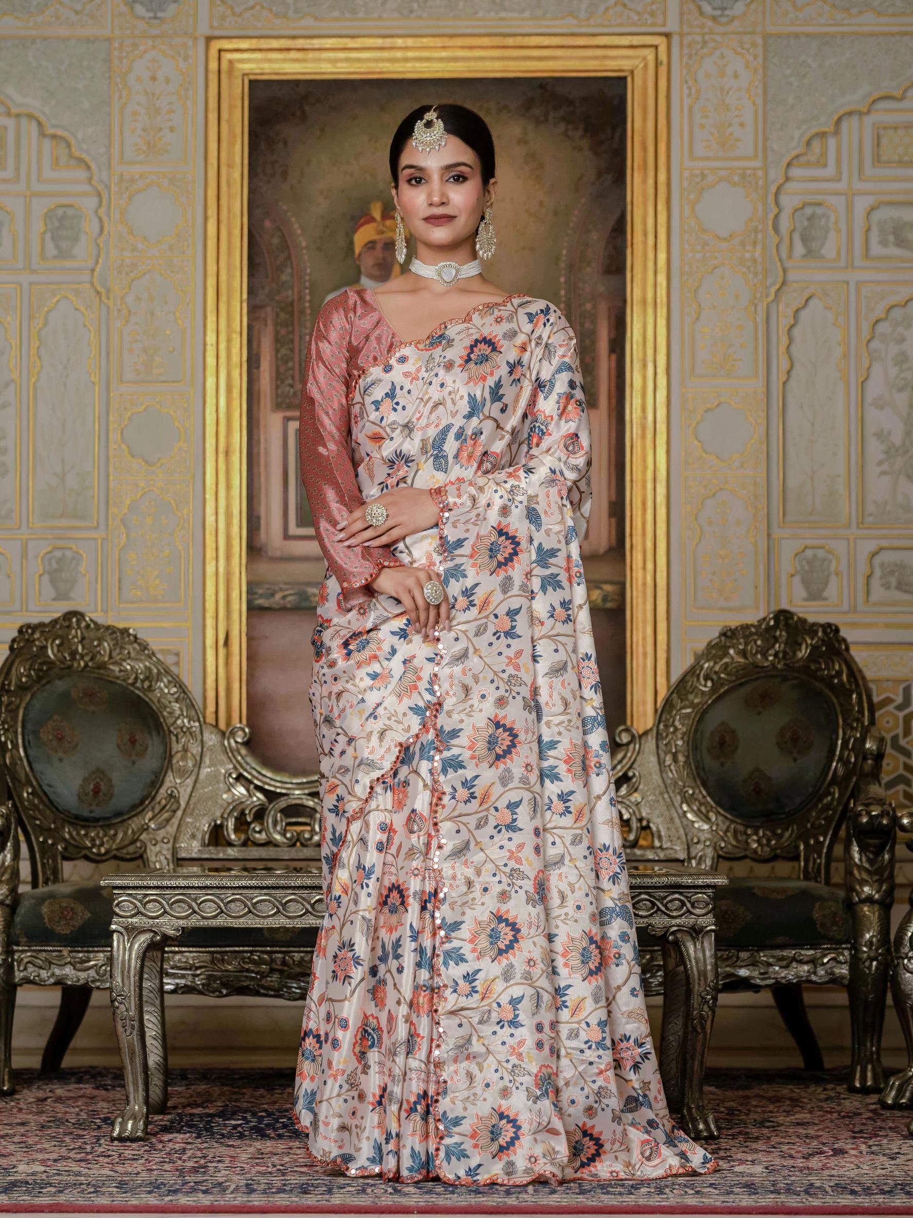 Cream Chinon Ready To Wear Saree