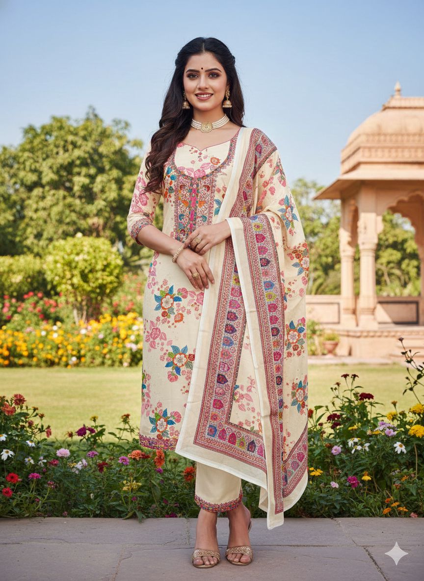 Cream Chinon Salwar Suit