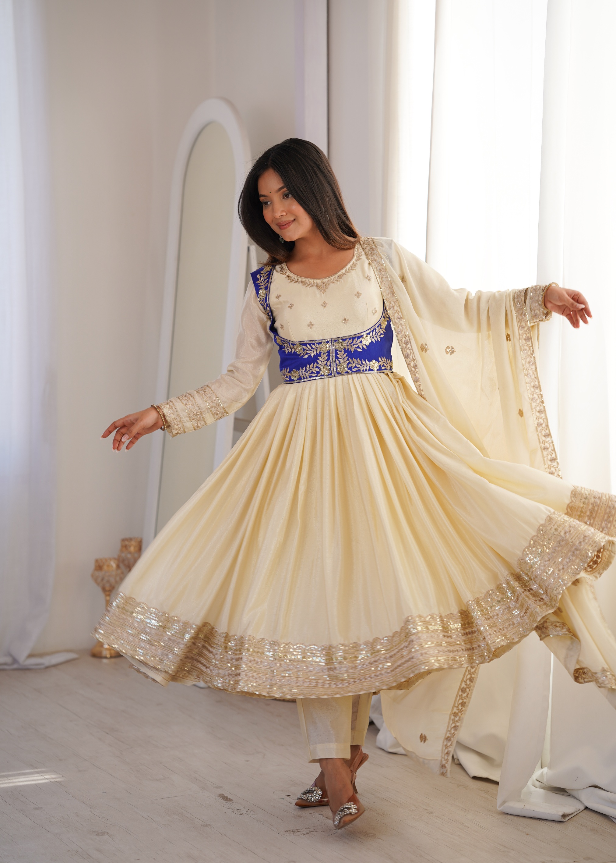 Cream Chinon Silk Heavy Embroidered Anarkali Suit With Koti