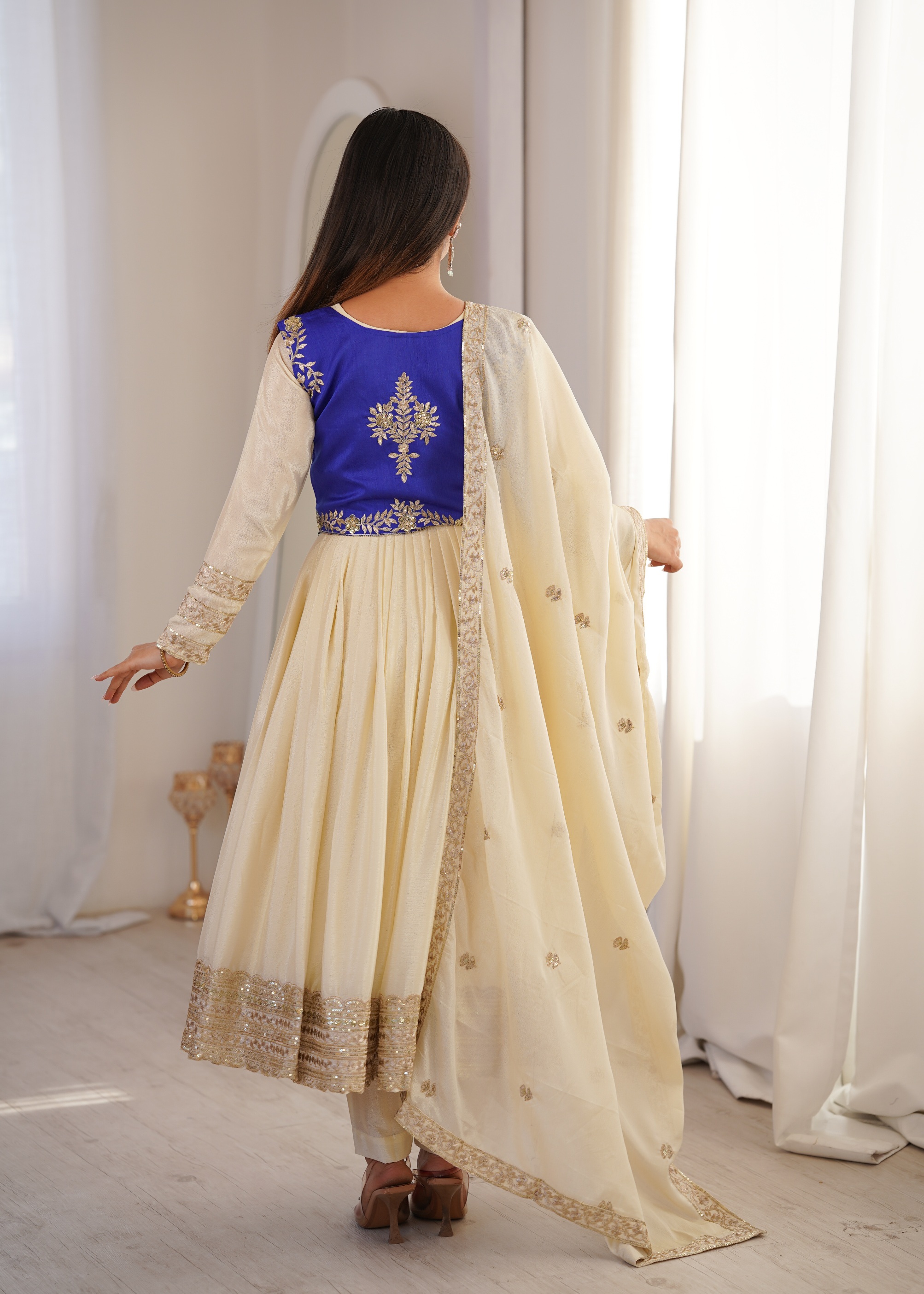 Cream Chinon Silk Heavy Embroidered Anarkali Suit With Koti — alternate view