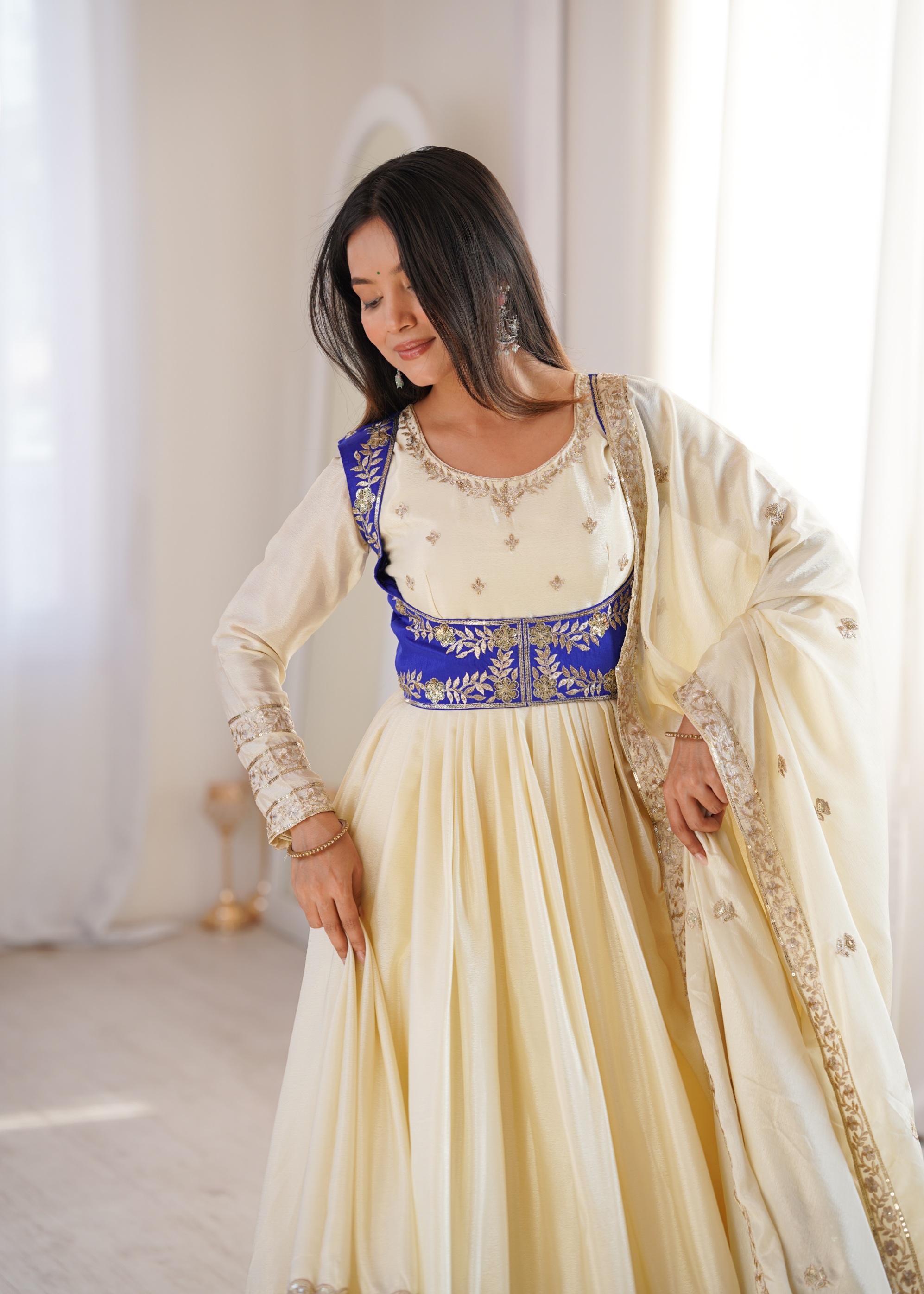 Cream Chinon Silk Heavy Embroidered Anarkali Suit With Koti