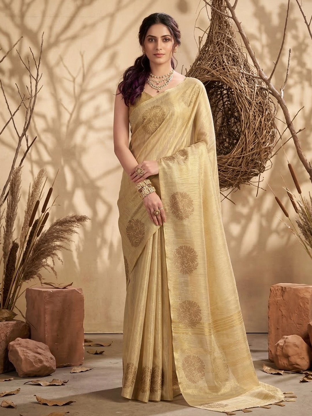 Cream Classic Buta Tissue Silk Saree