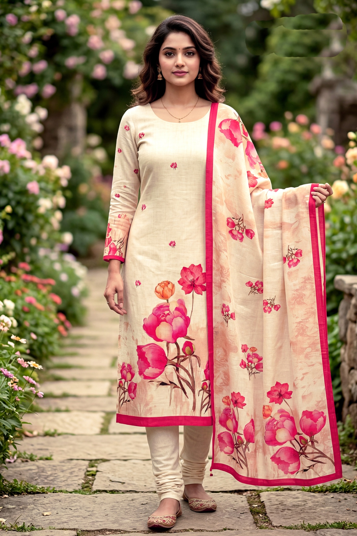 Cream Contemporary Digital Cambric Anarkali Salwar Suit