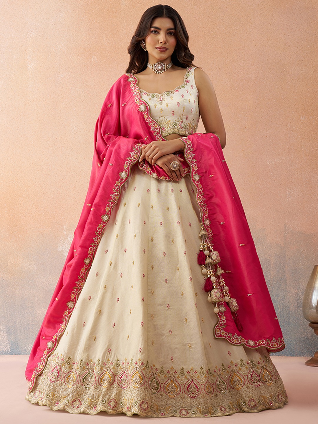 Cream Cosmos Silk Festive Embroidered Lehenga Choli