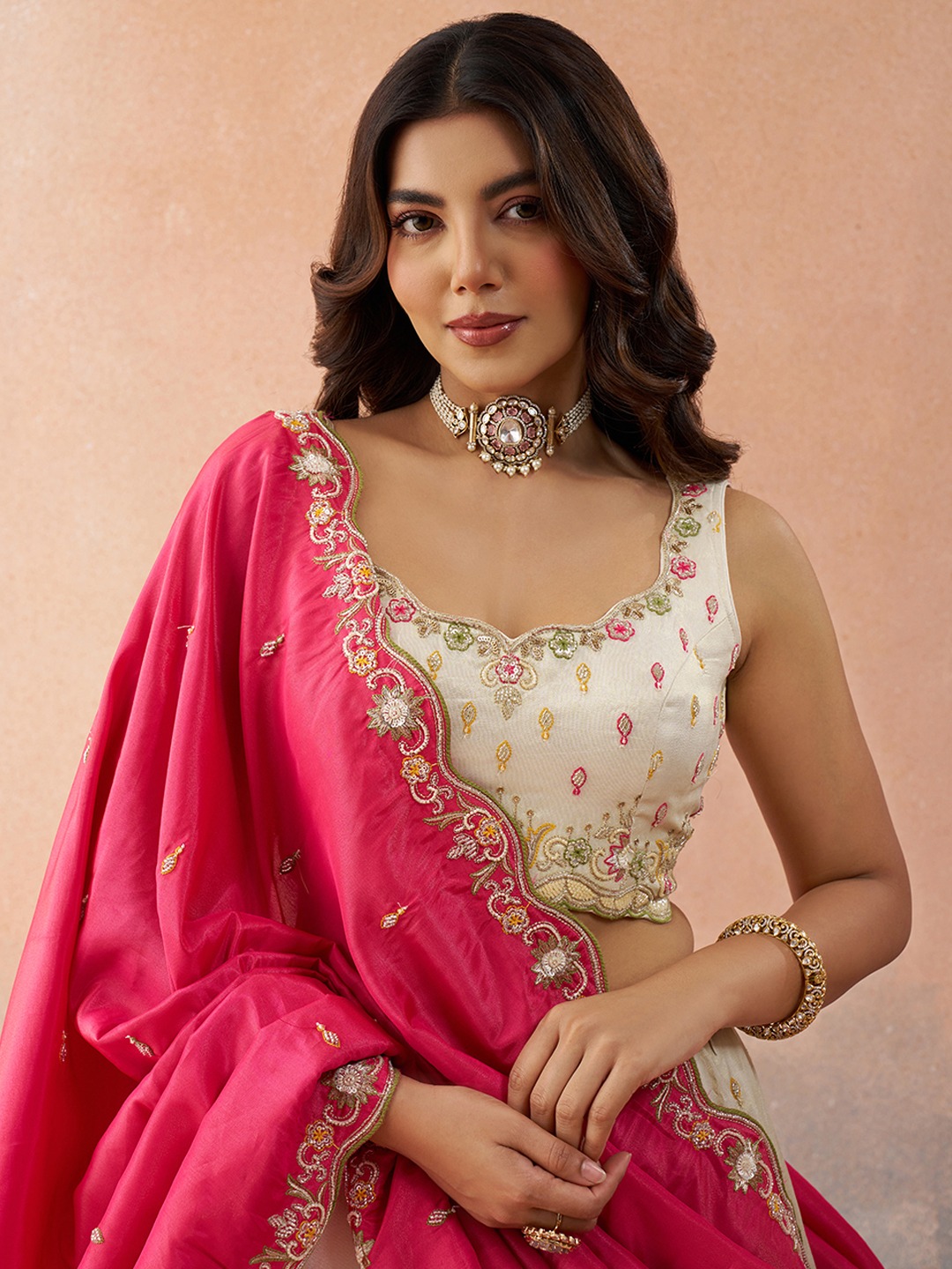 Cream Cosmos Silk Festive Embroidered Lehenga Choli