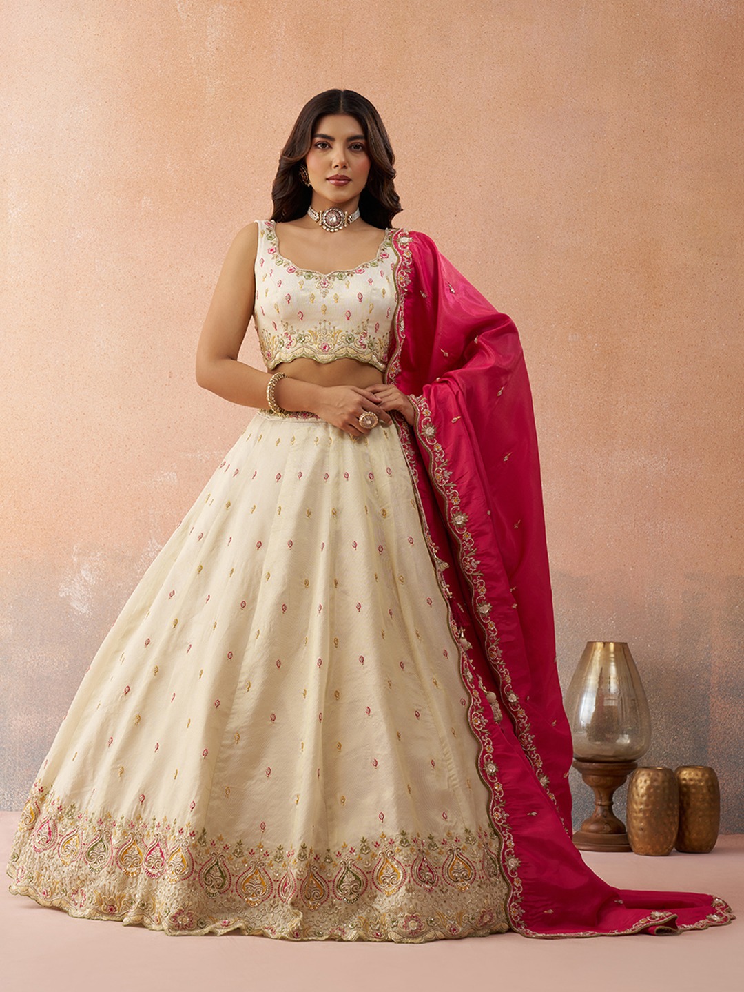 Cream Cosmos Silk Festive Embroidered Lehenga Choli