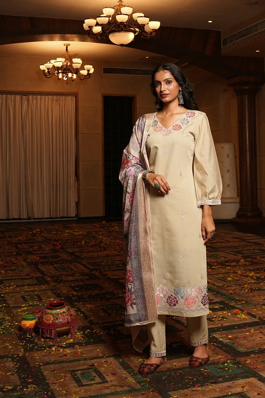 Cream Cotton Silk Embroidered Readymade Suit