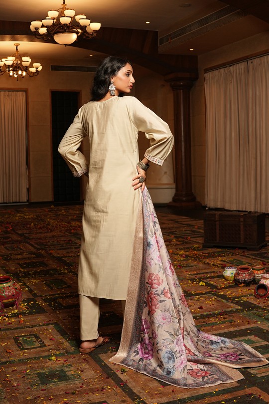 Cream Cotton Silk Embroidered Readymade Suit — alternate view