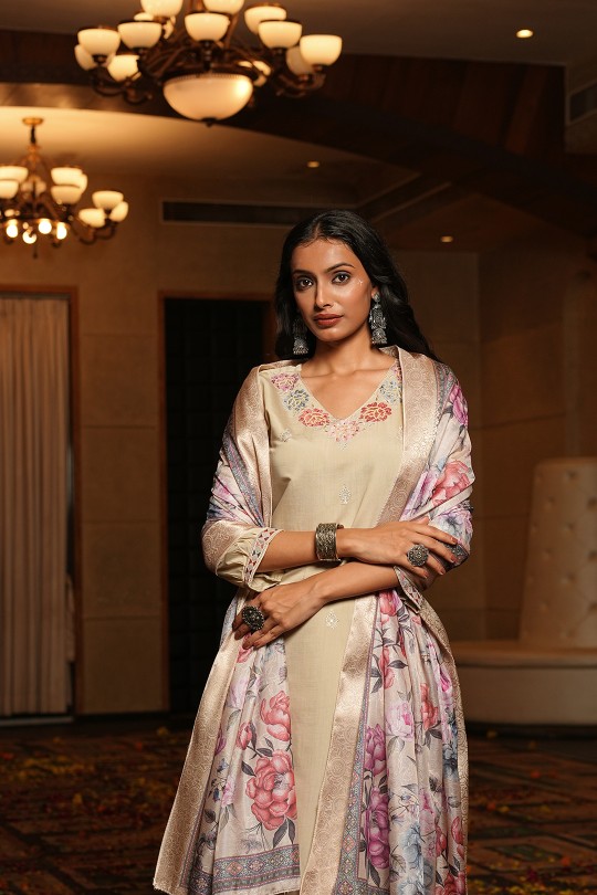 Cream Cotton Silk Embroidered Readymade Suit