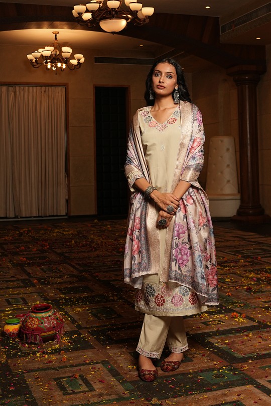 Cream Cotton Silk Embroidered Readymade Suit