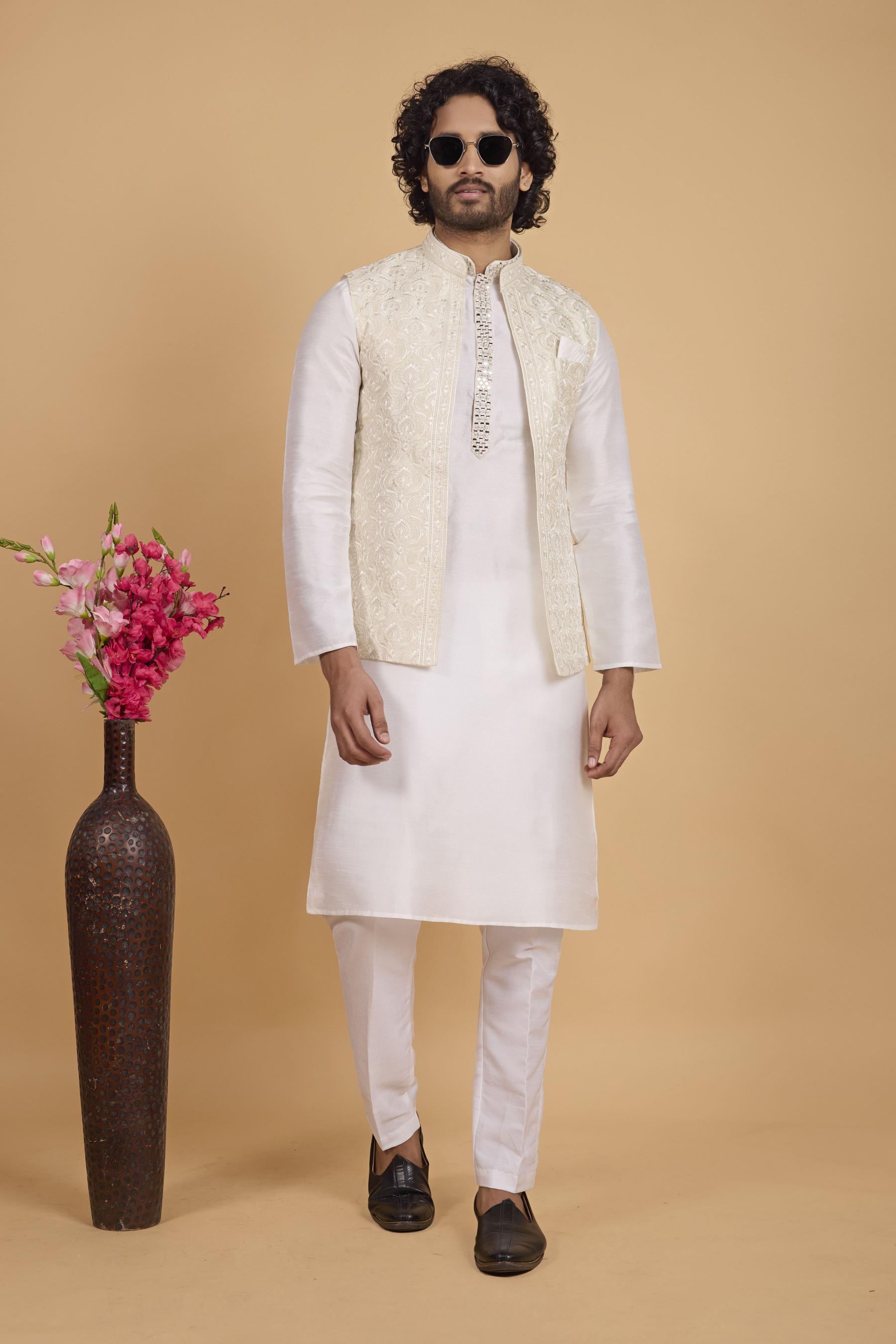 Cream Cream Banarasi Silk Kurta Pyjama