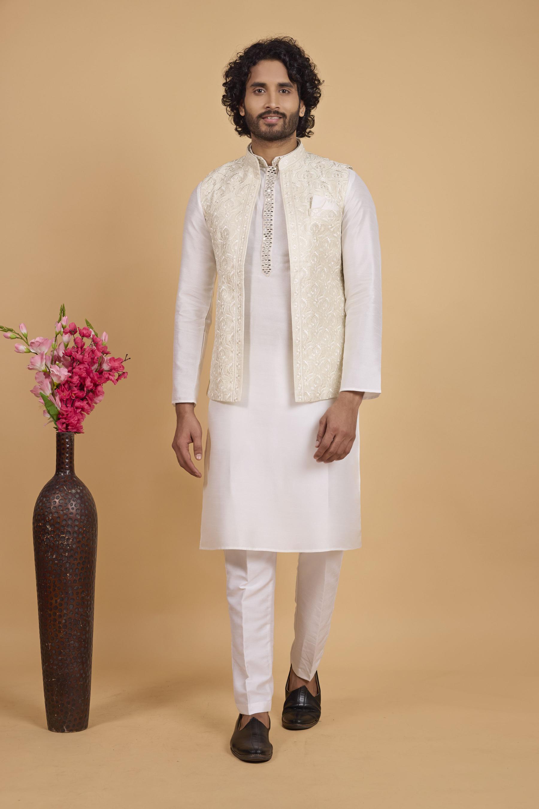 Cream Cream Banarasi Silk Kurta Pyjama