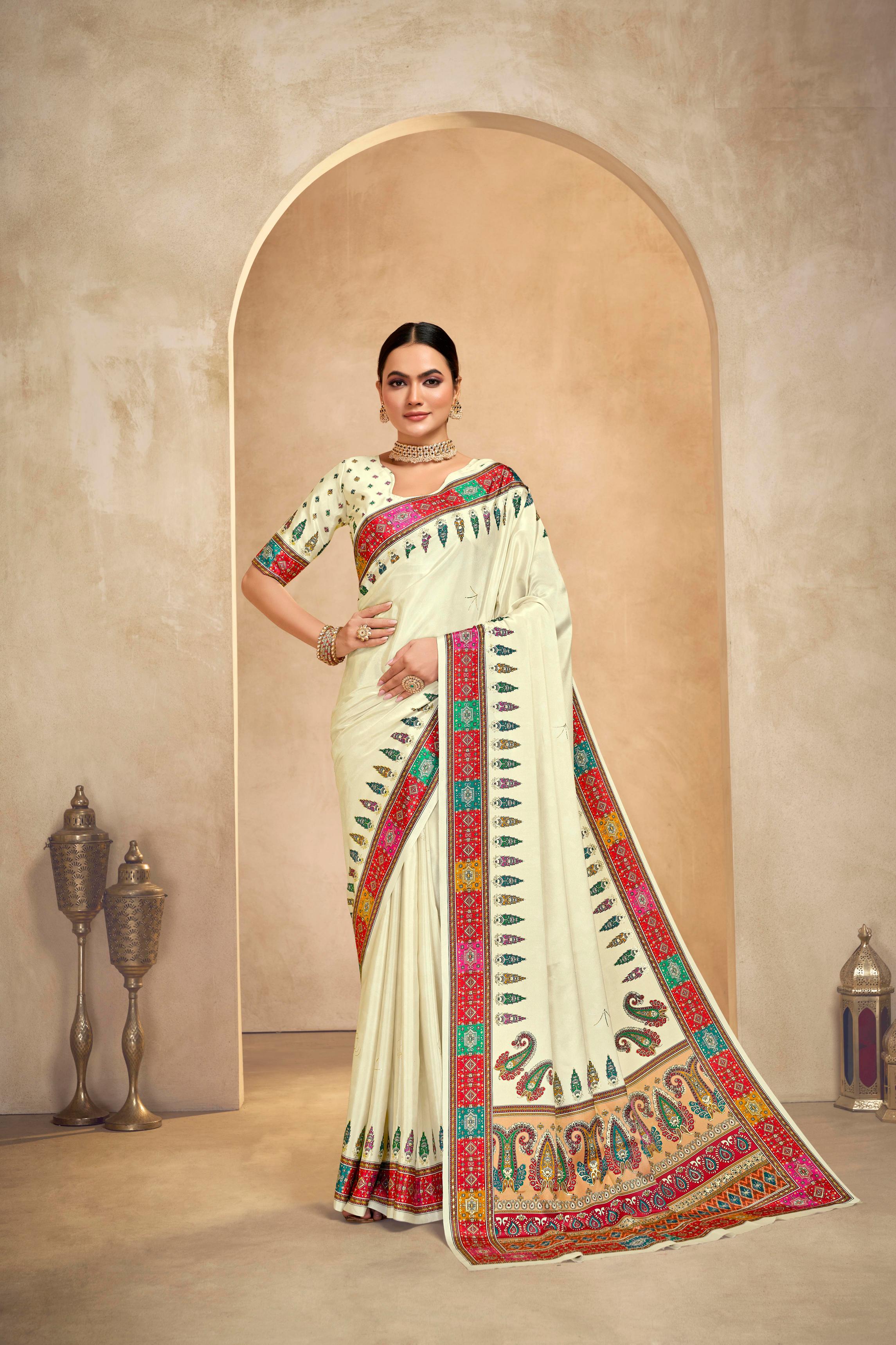 Cream Crepe Silk Saree