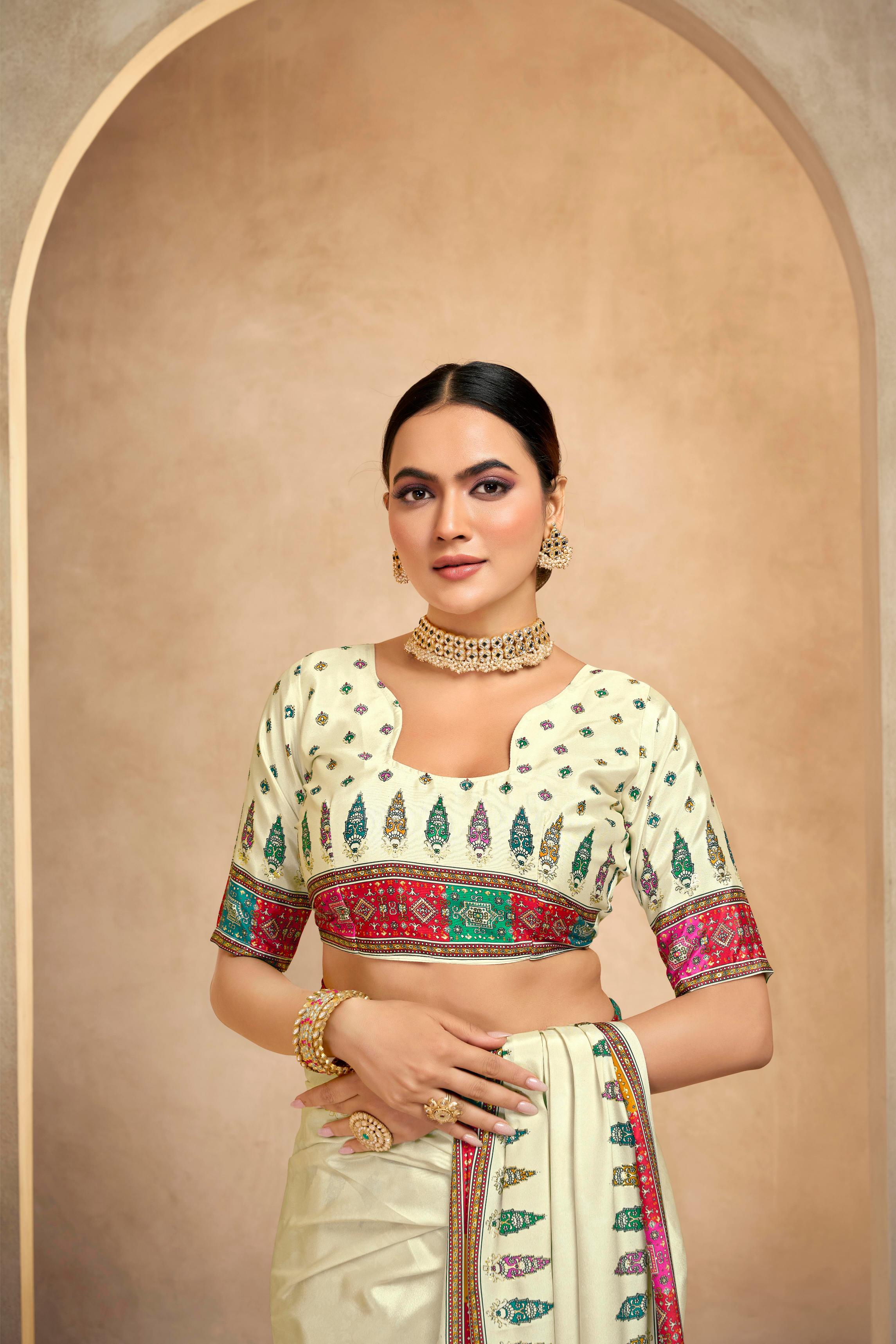 Cream Crepe Silk Saree