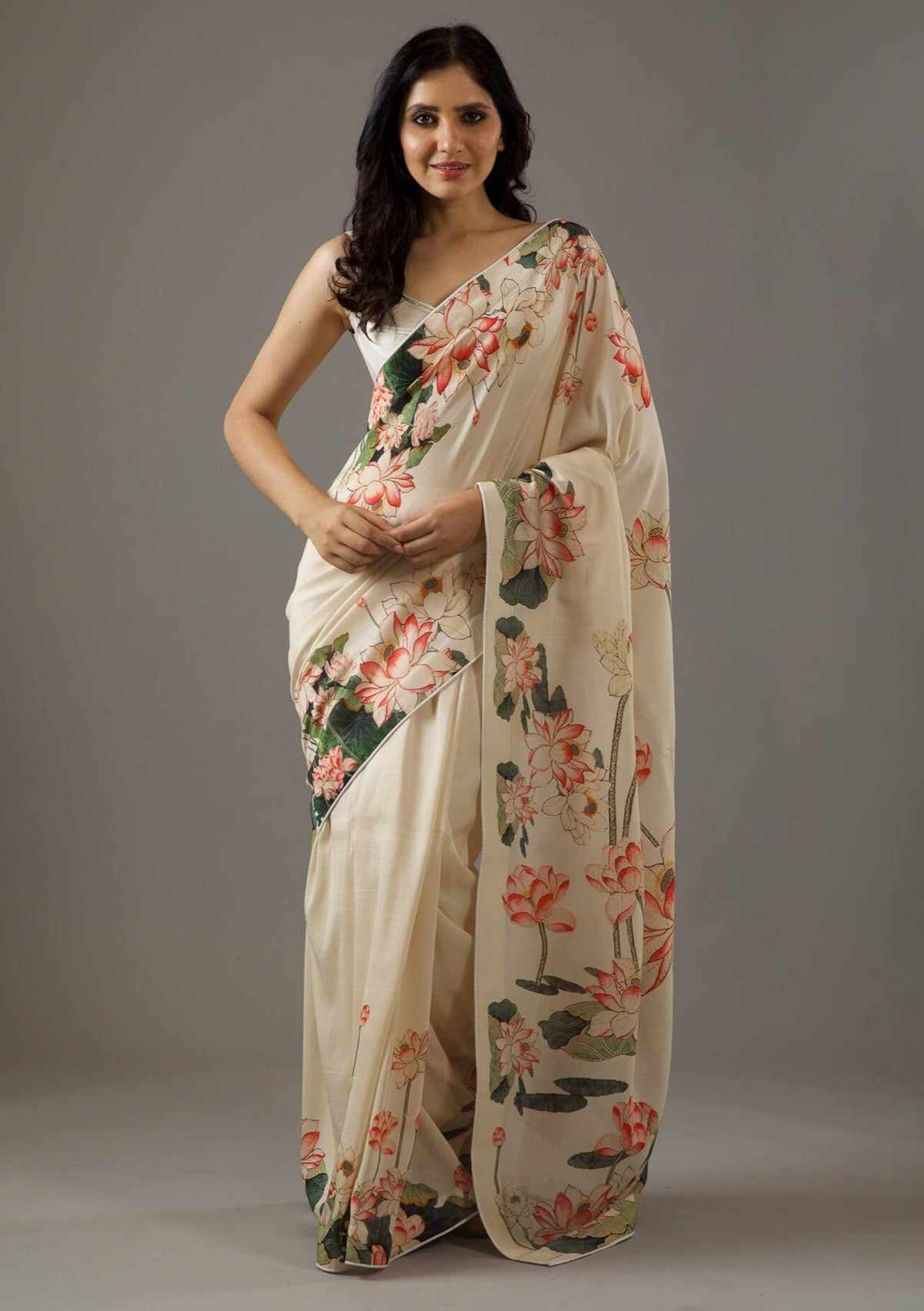 Cream Designer Digital Printed Saree