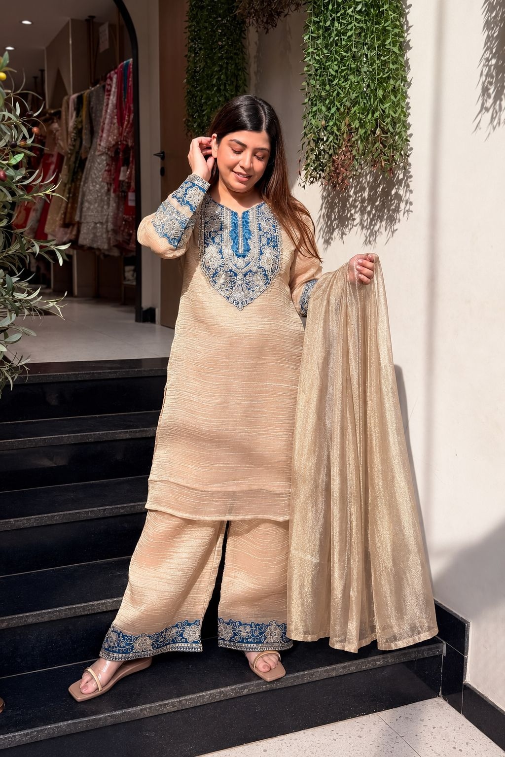 Cream Designer Embroidery Work Crunchy Straight Suit