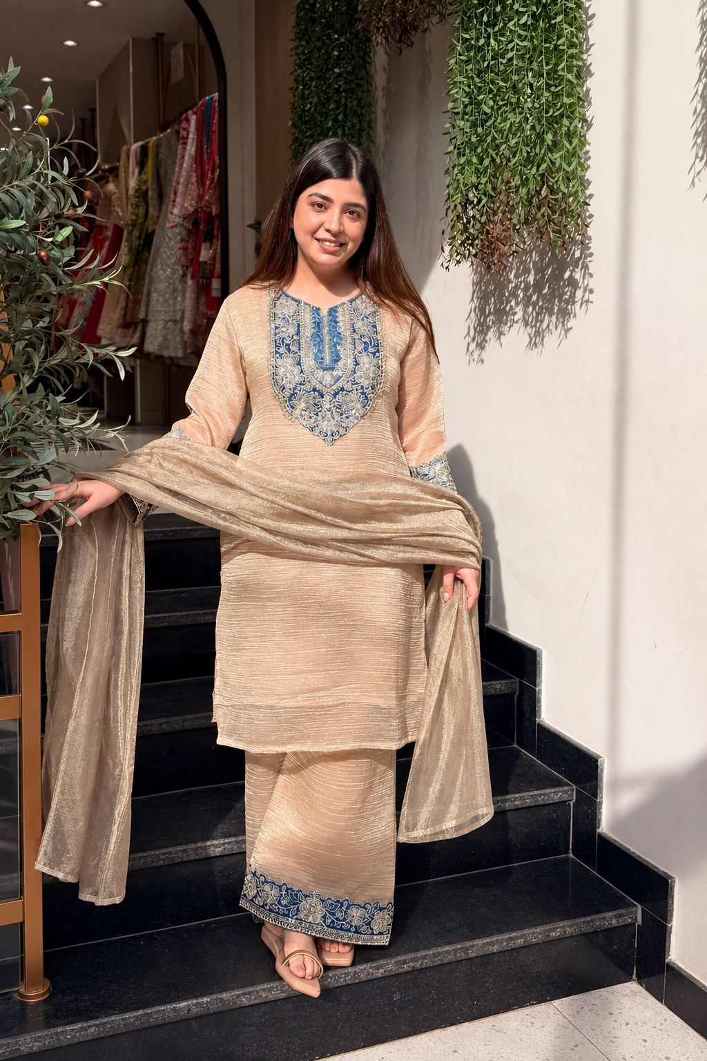 Cream Designer Embroidery Work Crunchy Straight Suit — alternate view