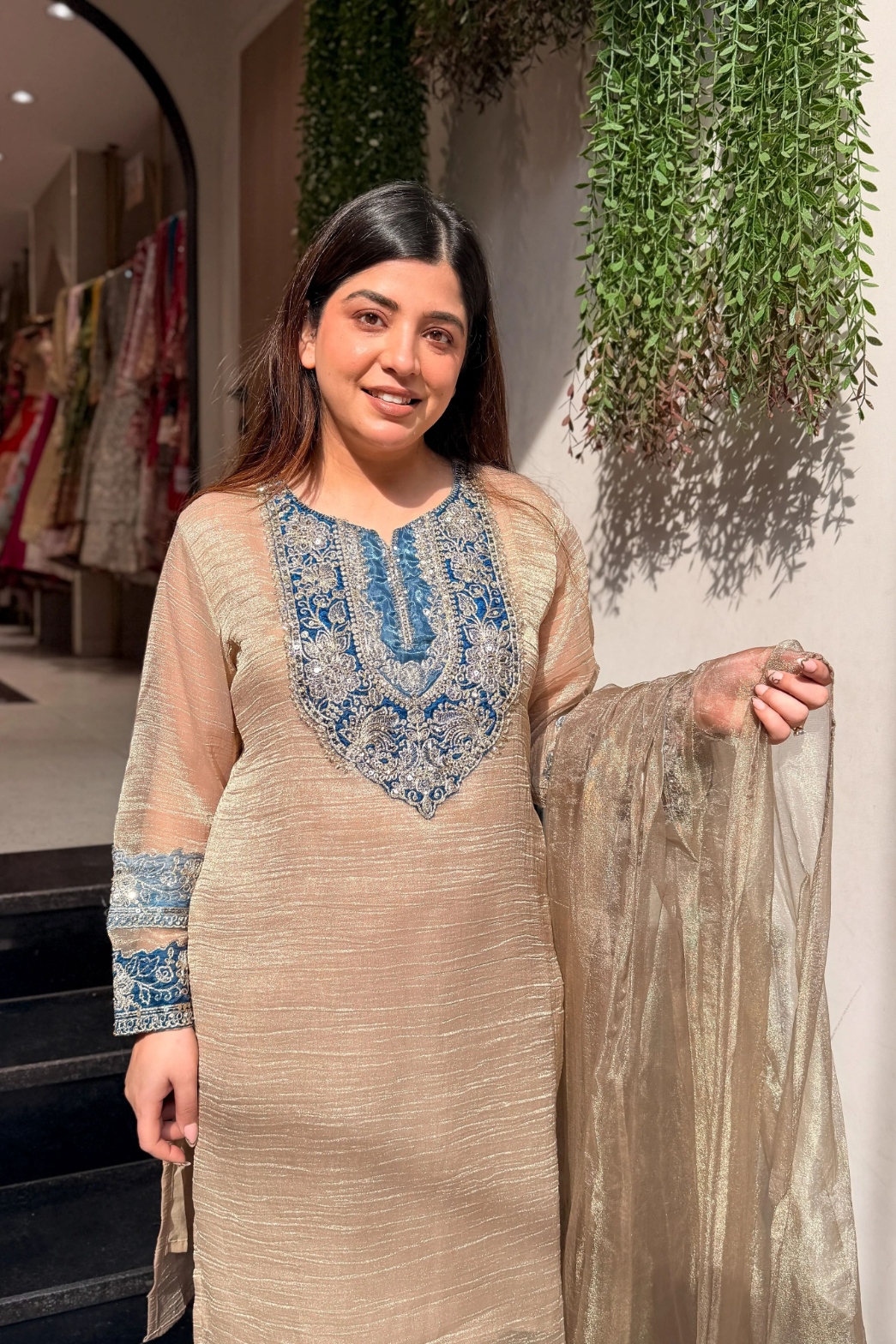 Cream Designer Embroidery Work Crunchy Straight Suit