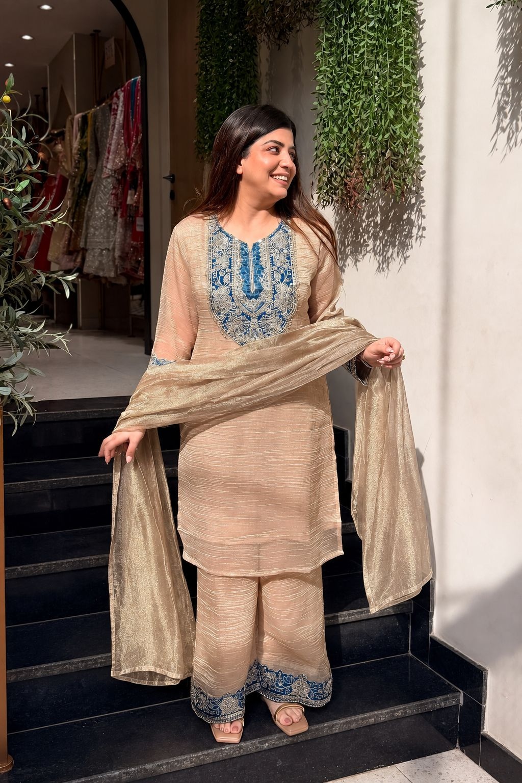 Cream Designer Embroidery Work Crunchy Straight Suit