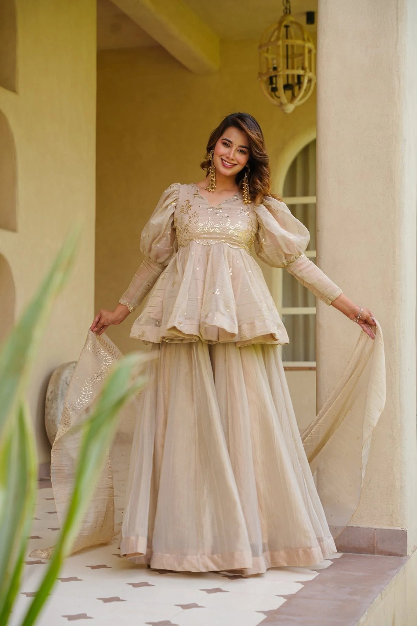 Cream Designer Foil Work Crunchy Palazzo Suit