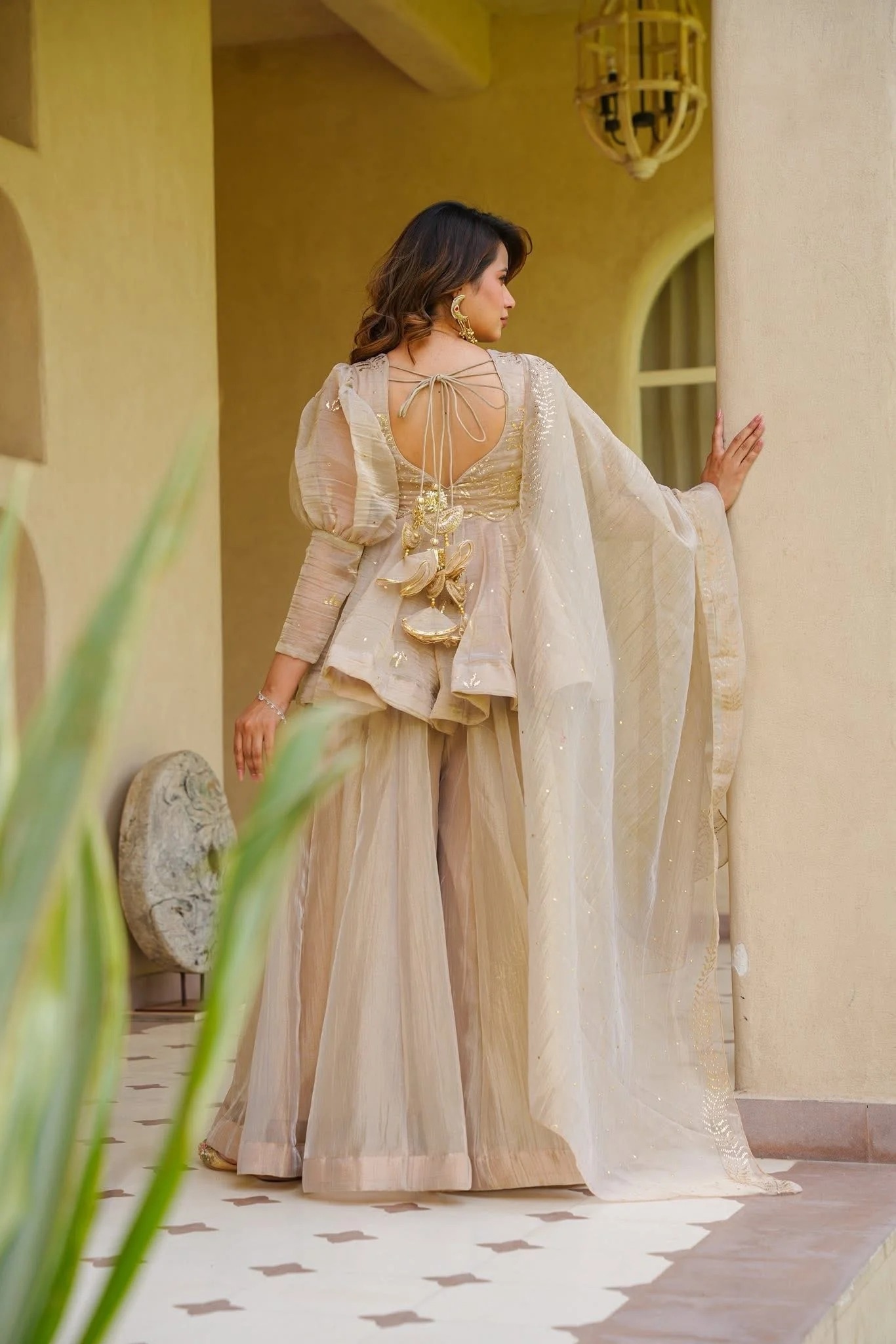 Cream Designer Foil Work Crunchy Palazzo Suit — alternate view