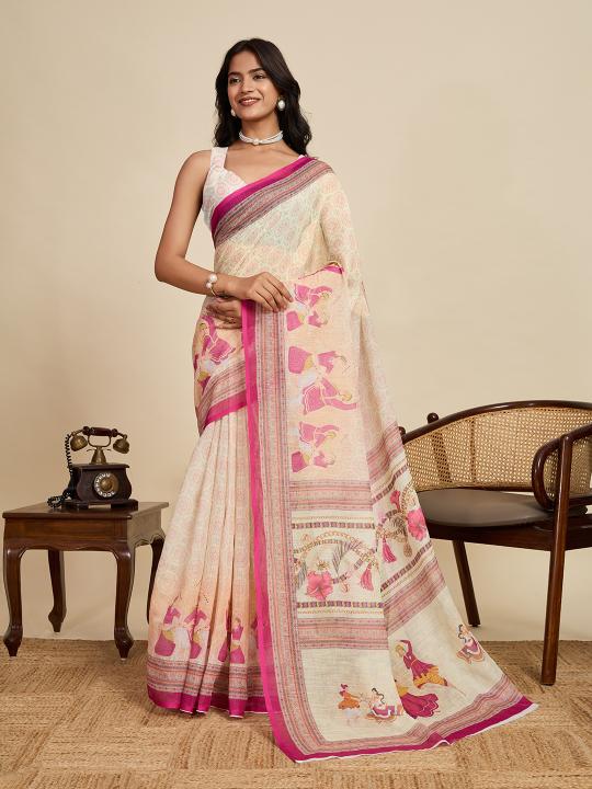 Cream Digital Printed Linen Saree