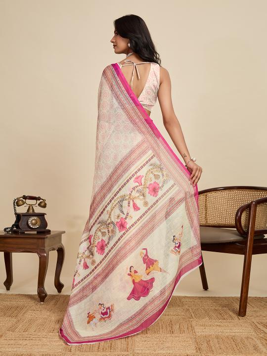 Cream Digital Printed Linen Saree — alternate view