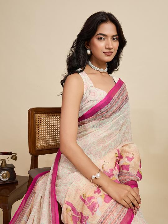 Cream Digital Printed Linen Saree